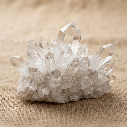 Museum macro photo of raw clear quartz cluster on warm linen