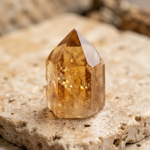 Faceted and polished honey Citrine tower crystal on stone slab
