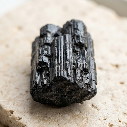 Raw striated Black Tourmaline Schorl column on limestone
