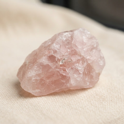 Rough raw Rose Quartz chunk on linen background